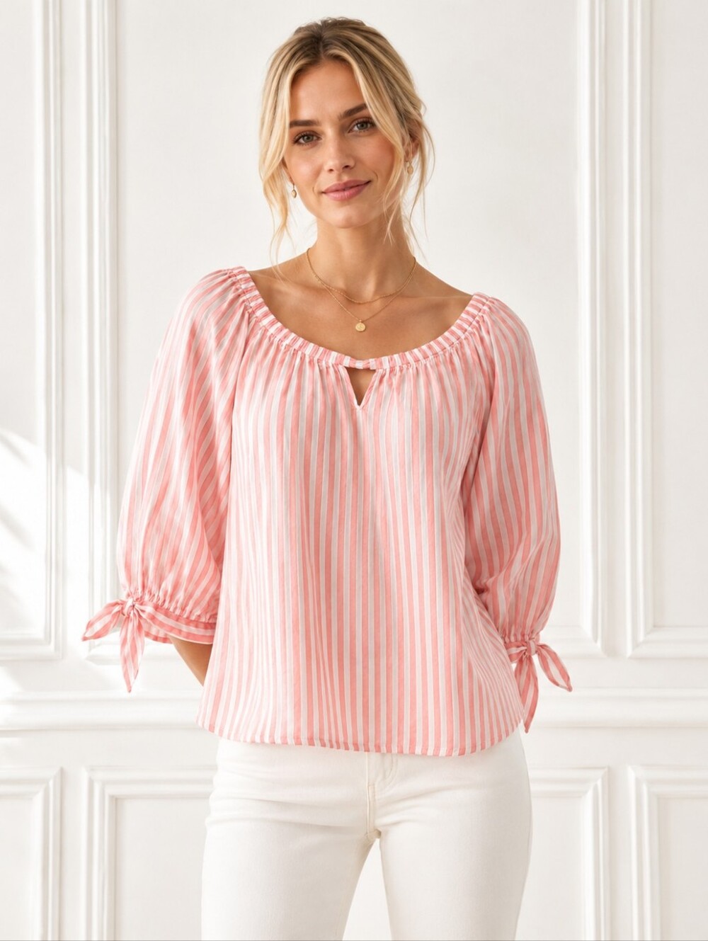 Sanctuary Coral And White Stripe Linen Blend Tie Sleeve Blouse | Size Large